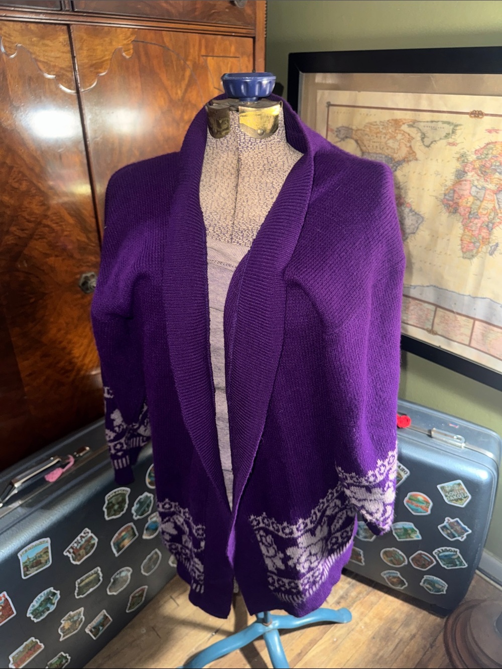 Vintage Designers Originals Purple Knit Cardigan - Size M - Retro Nordic Floral